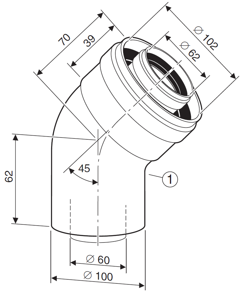 Угловое колено (поворотное) DN60/100 45° 